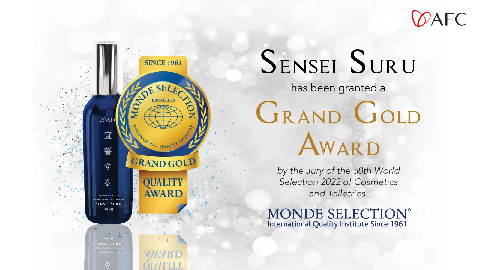 AFC Sensei Suru meraih Grand Gold Quality Award dari Monde Selection 2022 kategori Cosmetics and Toiletries